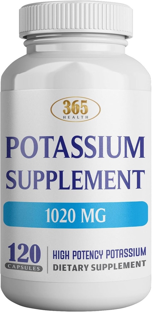 365 Hälso-Kalium Supplement 1020 mg | Kaliumbikarbonat | Icke-GMO | Glutenfri | Tillverkad i USA | 120 Vegetariska kapslar