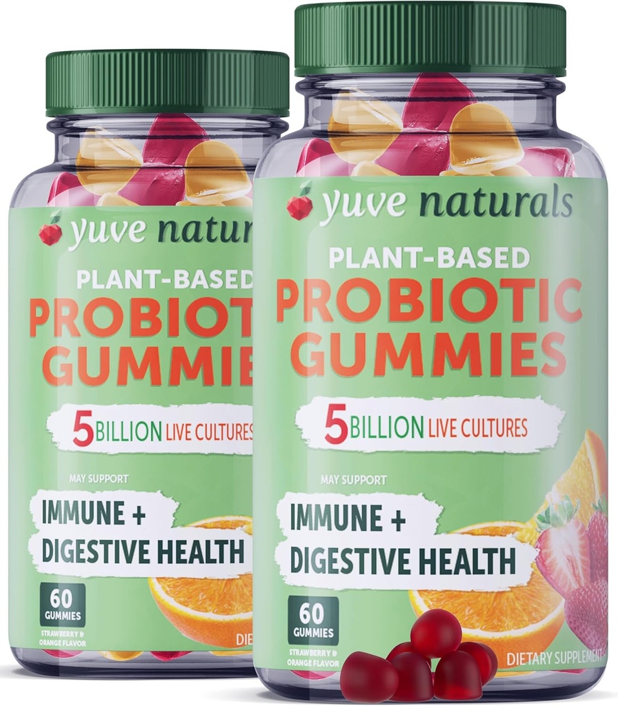 Yuve Vegan Probiotic Gummies, Probiootit naisille ja miehille, sokeri & Gluteeniton Gummy Probiootit, Ruoansulatus- ja immuunituki, 5 miljardia PMY, Auttaa ummetus, turvotus & vuotaa Gut - 60ct (2 pakkaus)