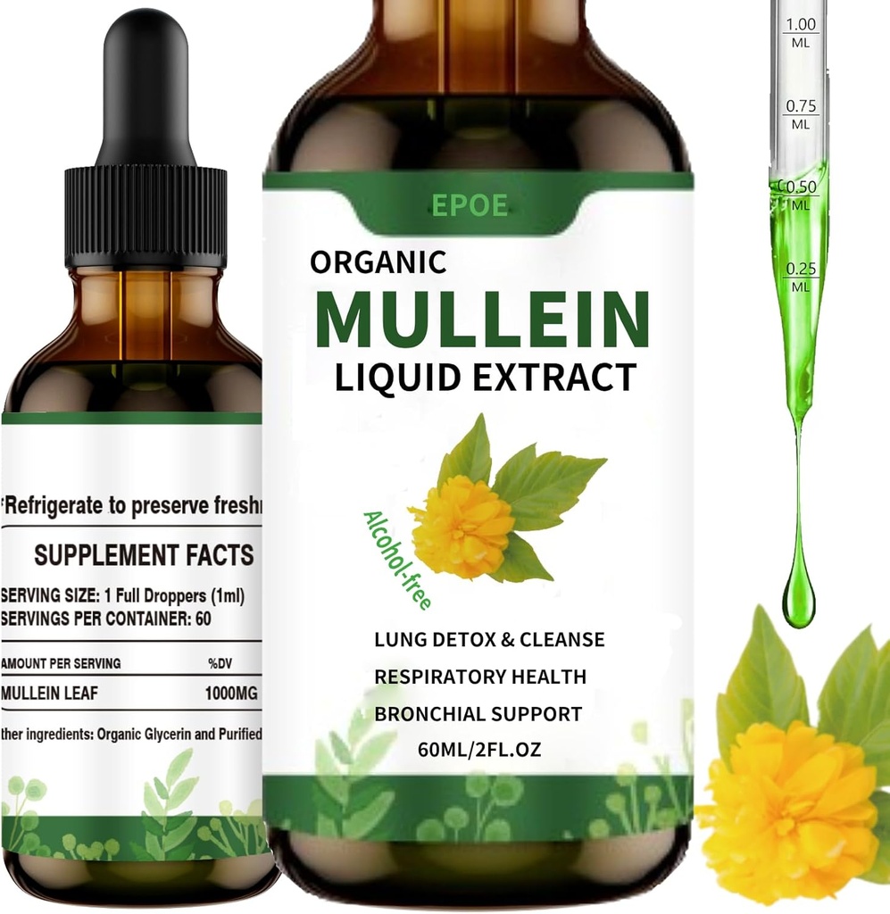 Liquid Drops Mullein Leaf, Mullein Drops for Keuhkojen Organic hengitysteiden Booster Alkoholiton, Keuhkojen puhdistus Immuuni-ja hengitysteiden terveystuki, valkoinen