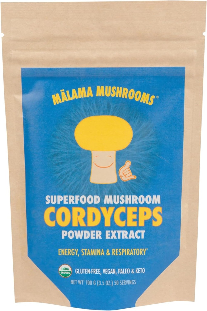 Cordyceps Extract Powder av Malama, Organic Fruiting Body Cordyceps Mushroom Powder, Superfood Adaptogenic, stöder energi, uthållighet och humör, 100 portioner