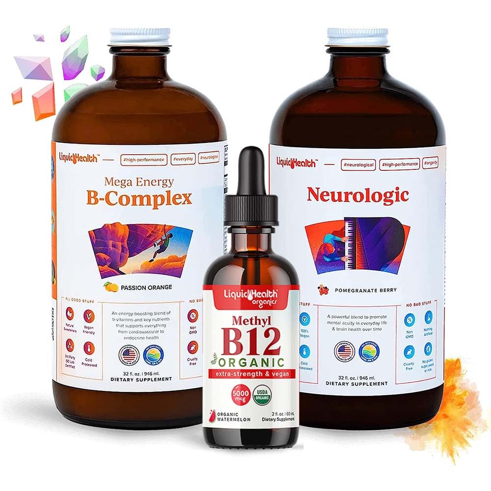 LIQUIDHEALTH Adult Focus & Energy Liquid Vitamin Bundle med Mega Energy B-Complex, USDA Organic Methyl B12 Drops, Neurologic Nootropic Focus Supplement - Boost Energy, Mood - USA Made, Vegan, Non-GMO