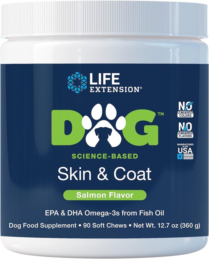 Life Extension Koiran iho & Takki - Dog Food Supplement for Healthy Skin and Coat Omega-3 Fish Oil for Dogs, Lohi maku, Ei keinotekoisia värejä tai makuja - 90 Soft Chews