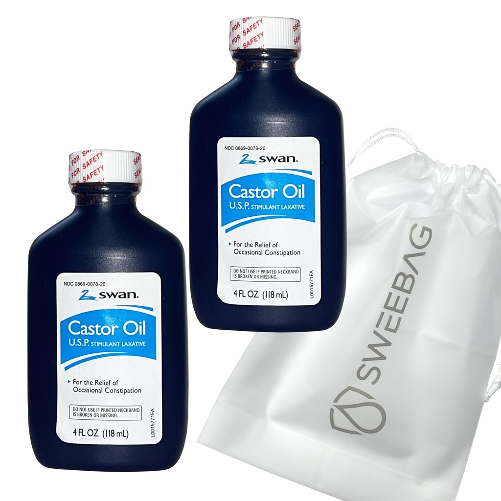 SWAN Castor Oil USP 100% Stimulant Laksative lievittää satunnaista ummetus 4 Fl Oz (pakkaus 2) Plus pussi Vahva ja vedenpitävä