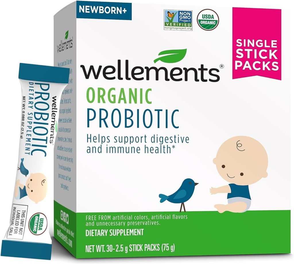 Wellements Organic Probiotic Stick Packs ... tukee Ruoansulatus- ja immuuniterveyttä imeväisille, vauvoille ja pikkulapsille...