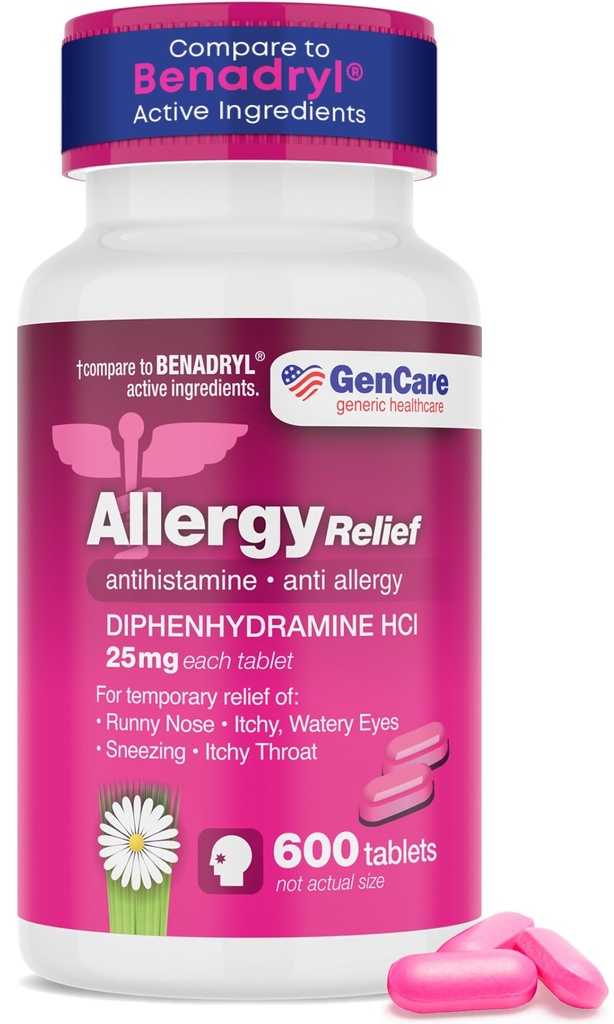 GenCare - Allergy Relief Medicine | Antihistamin Diphenhydramin 25mg (600 tabletter per flaska) Value Pack | Relieve för Itchy Eyes, Sneezing, Runny Nose | Säsongs- eller inomhus- och utomhusallergier