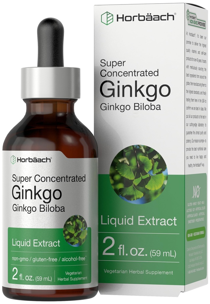 Horbäach Ginkgo Biloba Extract Liquid 2 fl oz ... Alkoholiton yrttien lisäravinteet ... Kasvissyöjä, ei-GMO, gluteeniton