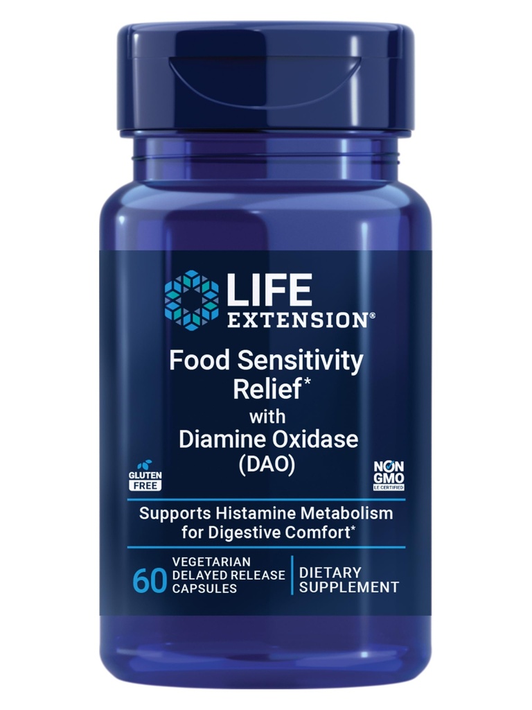 Life Extension Food Sensitivity Relief with Diamine Oxidase (DAO), Occasional Gas, Digestive Comfort, histaminkänslighet, DAO Enzyme Supplement, Gluten Free, Non-GMO, Vegetarian, 60 Capsules