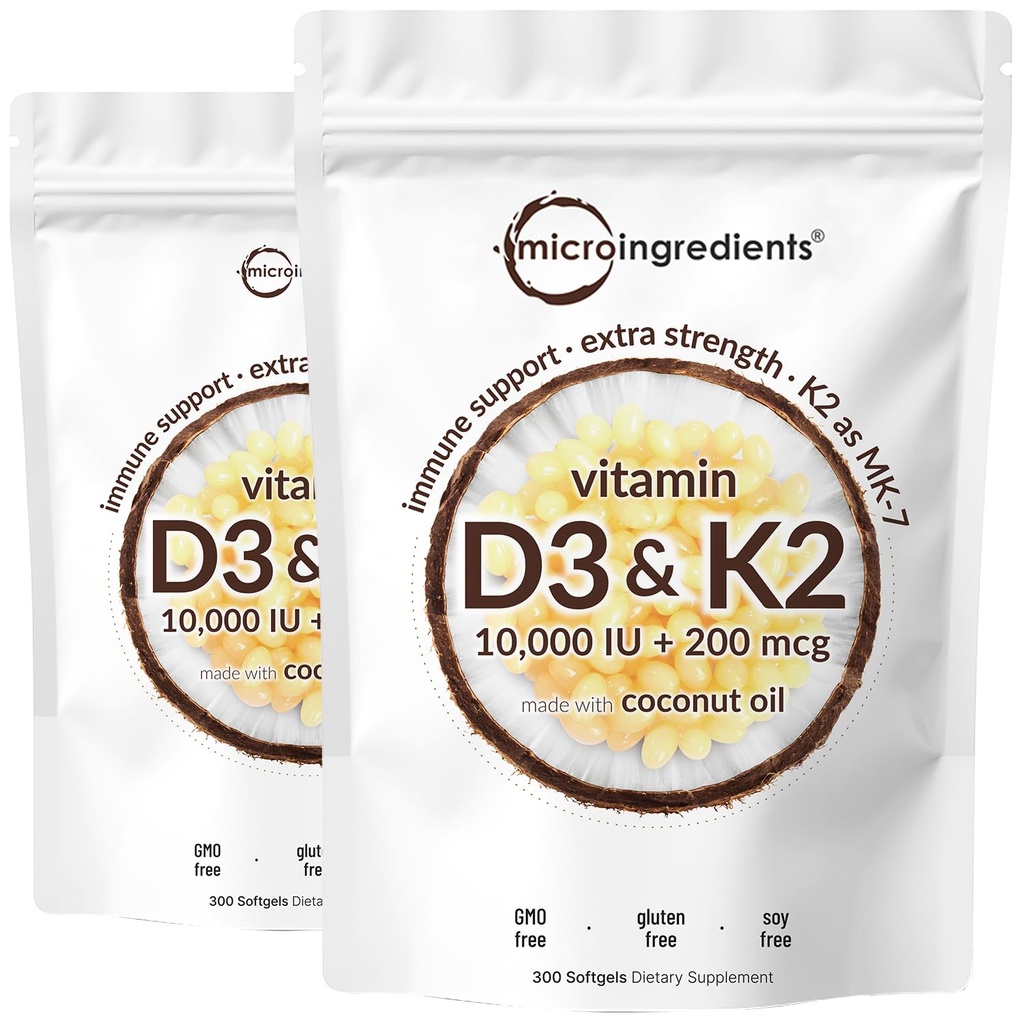 2 Pack Vitamin D3 10000 iu Plus K2 (MK-7) 200 mcg, 300 Virgin Coconut Oil Softgels | 2 i 1 Vitamins D & K Complex | Stöder Calcium Absorption, Bone, Immune och Hjärthälsa - Lätt att svälja