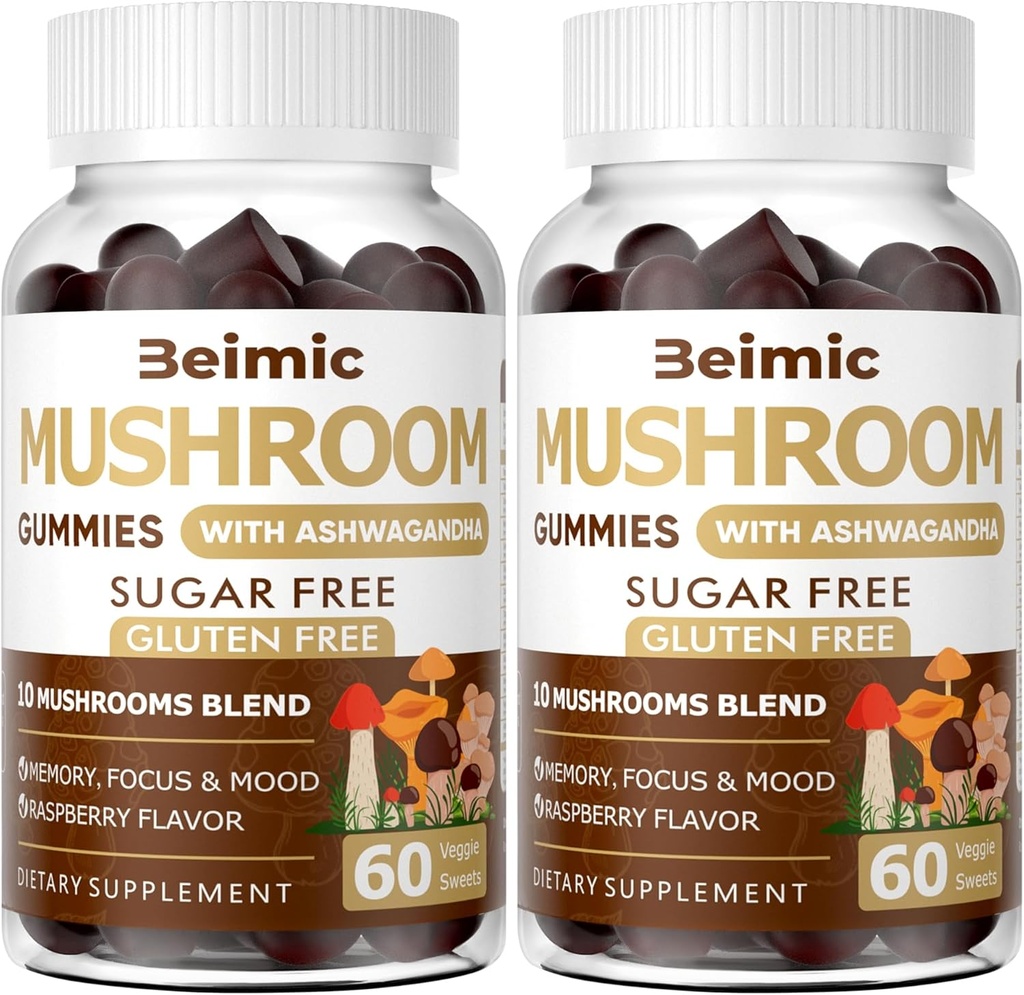 Mushroom Gummies - 10x Mushroom Supplement med Ashwagandha och Lions Mane (120 Chews) Nootropic Brain Supplement, Immune Support & Stress Relief (Pack of 2)