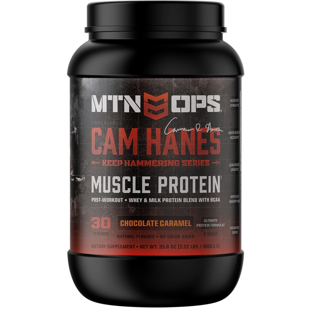 MTN OPS Cameron Hanes Keep Hammering Whey Protein Powder, Chocolate Caramel Flavor, 30 portioner