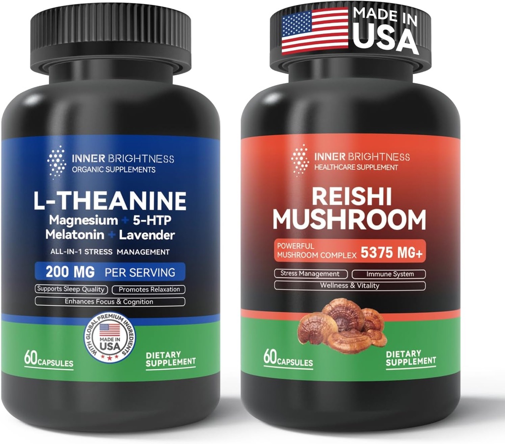 Reishi Mushroom Supplement med Cordyceps + L Theanine 200mg, Magnesium, 5-HTP & Melatonin för sömn, fokus och humörsupport