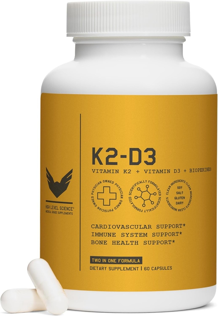 Korkean tason K2D3, K2- ja D3-vitamiinilisä, BioPerine Black Pepper, Dual Action Complex for Heart, Bone, Immuunituki, 5000 IU D3, 100 mikrog K2, kasvissyöjä, 60 kasviskapselia