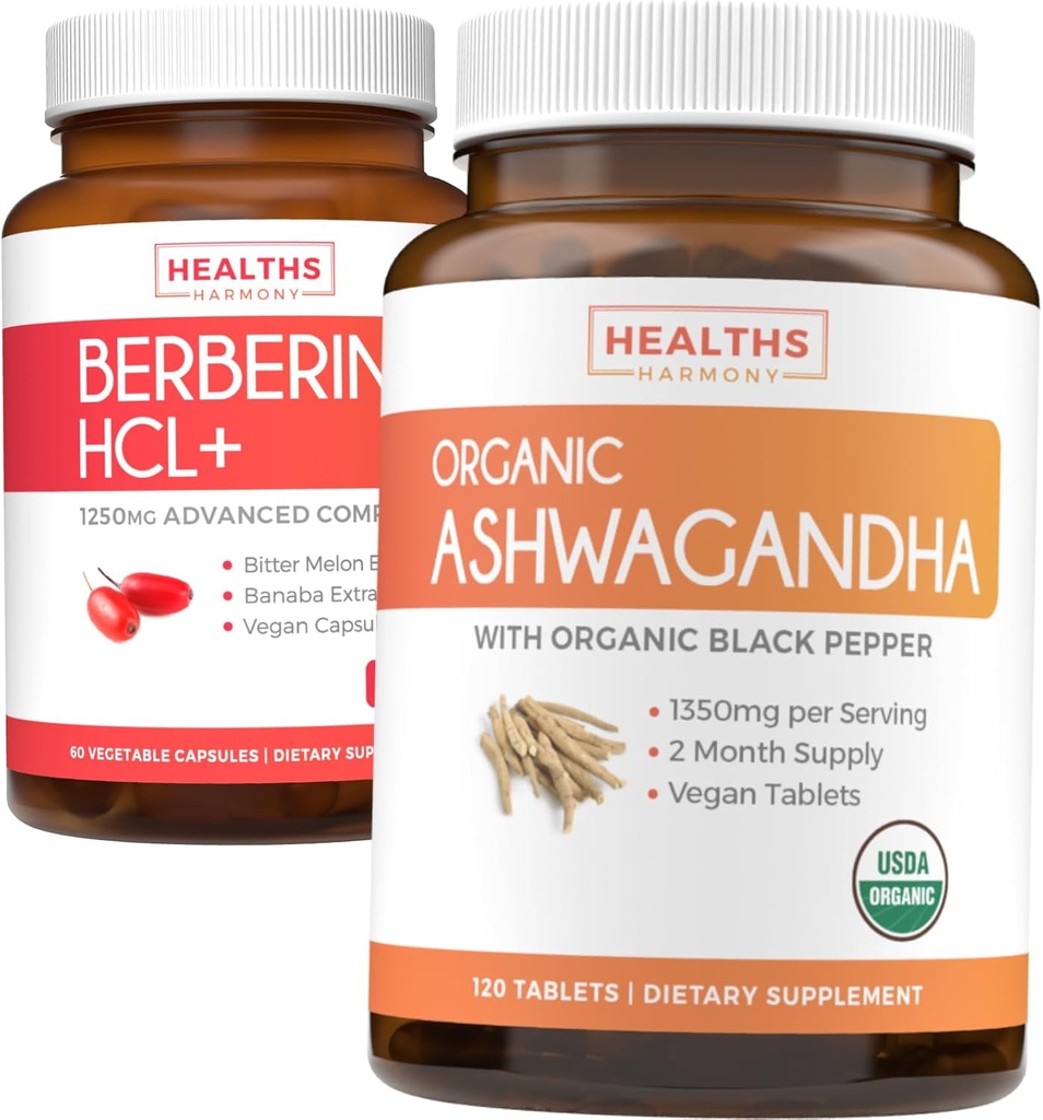 Spara $ 4 (11% rabatt) - Köp Organic Ashwagandha & Berberine HCL + - Naturens Synergy Duo - Berberine (60 kapslar) - Organisk Ashwagandha Root Powder 1350mg Servering (120 tabletter) Naturlig Adrenal Help