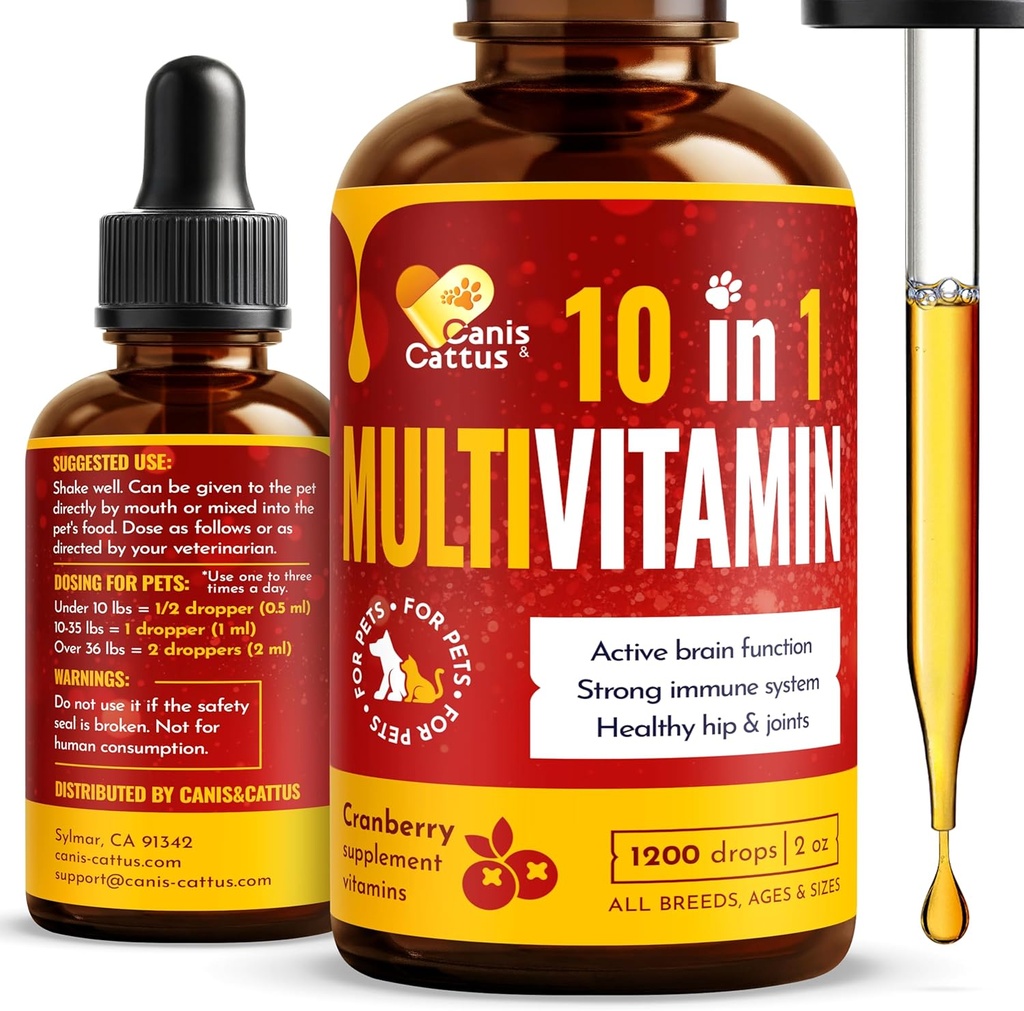 Canis&Cattus 10-in-1 Monivitamiini koirille ja kissoille . Päivittäinen Glukosamiini, B-vitamiini, C-vitamiini ja D3-tuki - nestemäinen lisäaine karpalolla ja MSM 2 oz