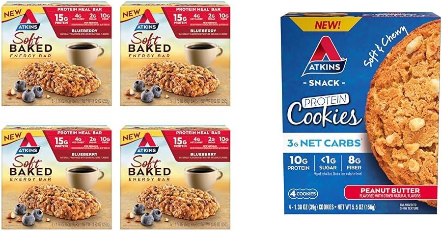 Atkins Soft Baked Energy Bars, Mustikka, 15g Proteiinia, 2g sokeria, Erinomainen lähde & Maapähkinävoi proteiini Cookie, proteiini jälkiruoka, Rikas kuitua, 3g Net Carb, 1g sokeria