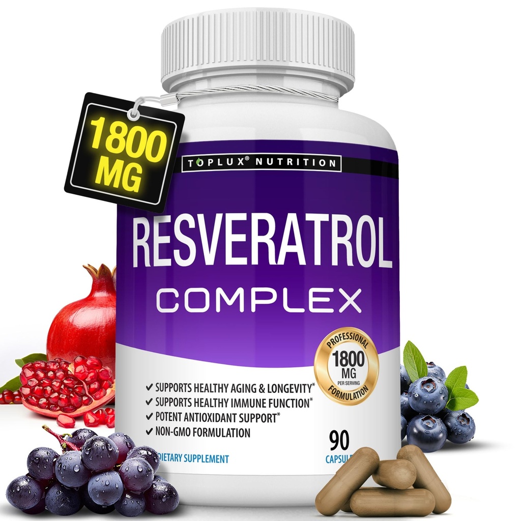 Resveratrol täydentää 1800 mg antioksidantti Complex - Erittäin potent Natural Trans-Resveratrol pillereitä terveenä ikääntyminen, yleinen terveys tuki, immuunijärjestelmä, aivojen toiminta, miesten naisten, 90 kapselia