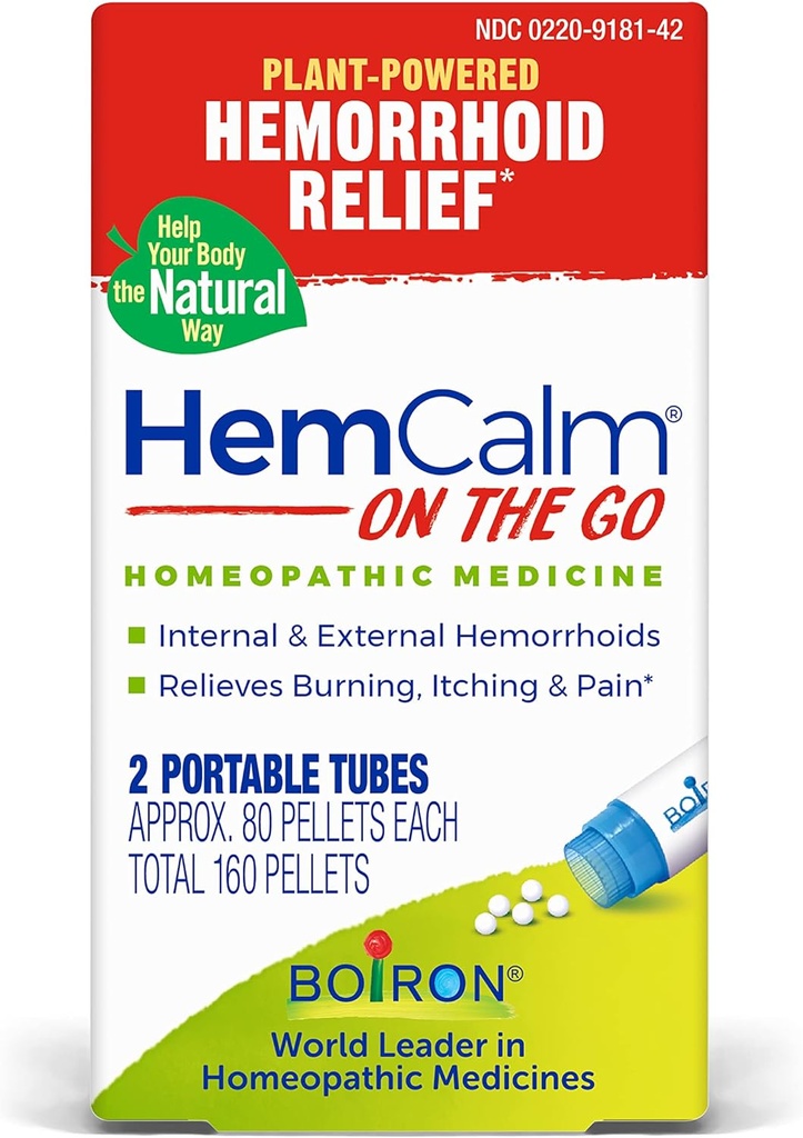 Boiron HemCalm på Go Travel Essential för Hemorrhoid Relief of Pain, Itching, Swelling eller Discomfort - 2 Count (160 Pellets)