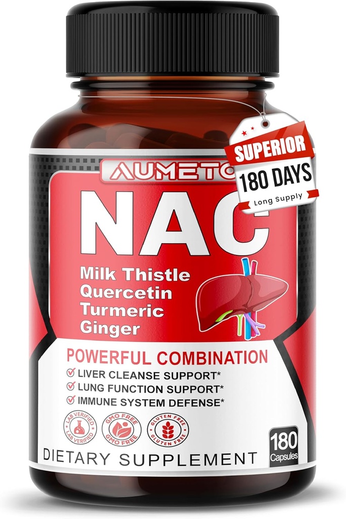 Nac Supplement N-asetyyli-L-kysteiini - Tehostettu maito Thistle + Quercetin optimaalisen immuniteetin, hengitysteiden, maksan hyvinvointi (180 laatikko 1)