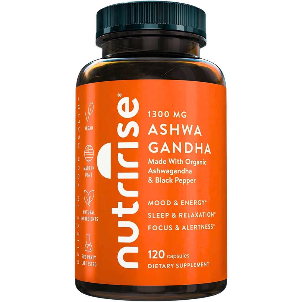 NutriRise Organic Ashwagandha juurikapselit mustapippuri, 1300mg, luonnollinen stressi & mieliala, kilpirauhanen, ja immuuni tuki täydentää, selkeys, Focus & Energy, Gluteeniton, 120 kreivi