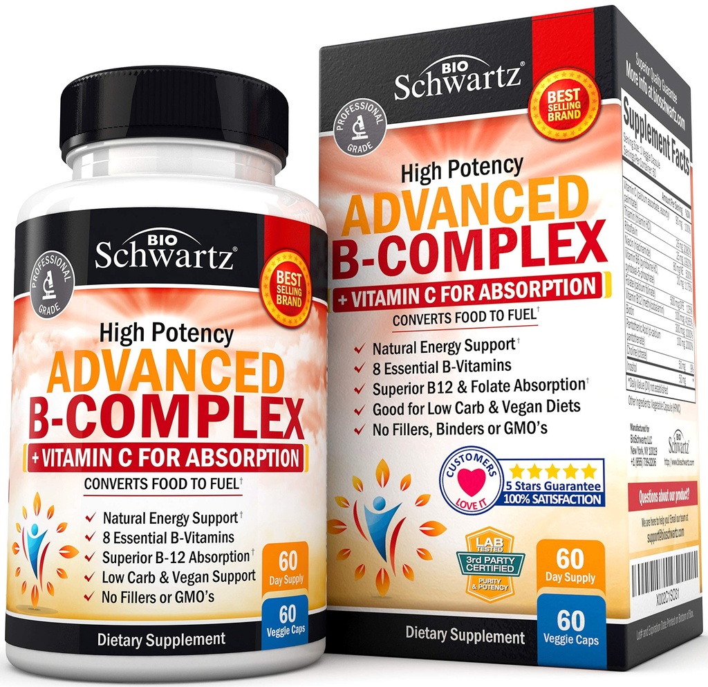 Vitamin B-komplex med vitamin C för maximal absorption - Methylcobalamin b12 & folatfolicsyratillskott - B1 B2 B5 B6 B7 B9 för Immun Energy & Nervous System Support - Non-GMO, 60 count