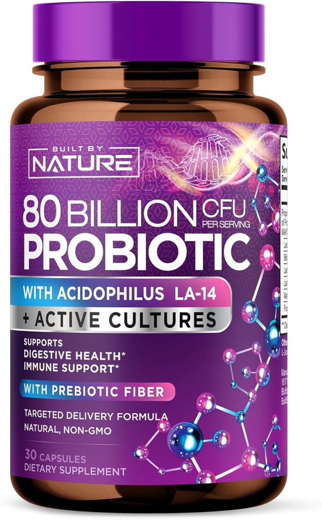 80 Miljardi PMY Probiootti - Päivittäinen ruoansulatuskanavan täydennysosa miehille ja naisille - Lactobacillus acidophilus, Bifidobacterium & Prebiootit - Ei-GMO, Gluteenittomat ja maitotuotteet, hyllytabletti - 30 kapselia