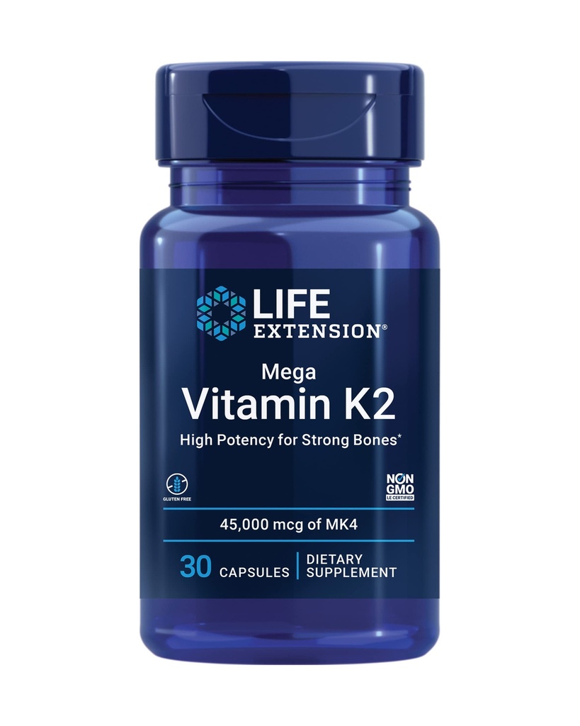Life Extension Mega Vitamin K2 High Potency for Strong Bones, kliniskt Studied 45 mg K2 Dosage, främjar hälsosam bendensitet, glutenfri, icke-GMO, 30 kapslar