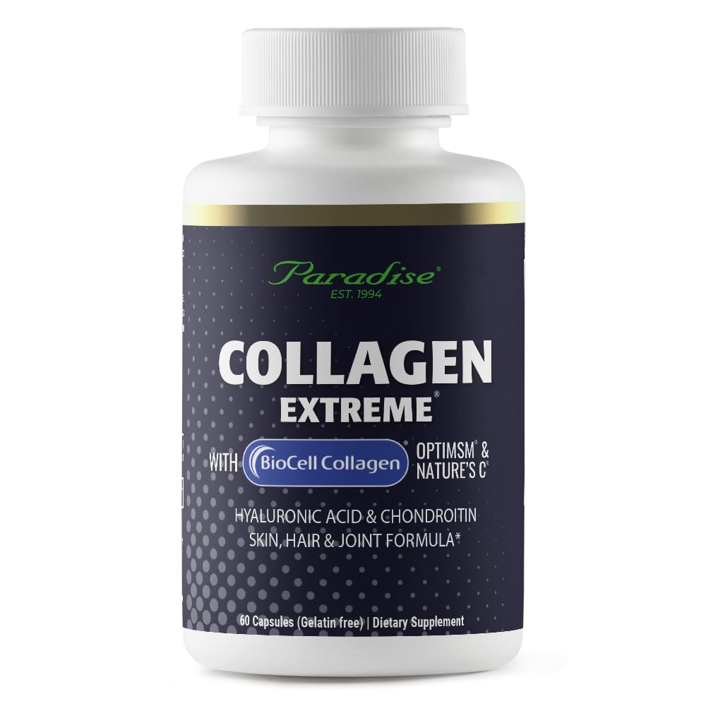 Paradise Yrtit Collagen Extreme Biocell Collagen, Hyaluronihappo, ja luonnon C, terveille hiuksille, iholle, ja nivelet, 60 kapselia