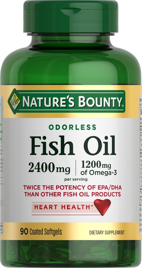 Naturens Bounty Odorless Fish Oil, 1200mg Omega-3 per servering inklusive EPA & DHA, stöder hjärthälsa, renade för att eliminera kvicksilver, belagda Softgels, Gluten Free, No Shellfish, 90 Ct