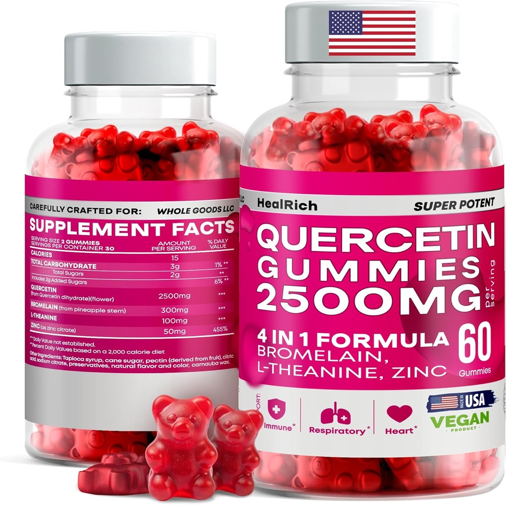 Quercetin Gummies - 2500MG med Bromelain, L-Theanine - Immune Support Gummies Allergy Relief & Lung Health för barn och vuxna