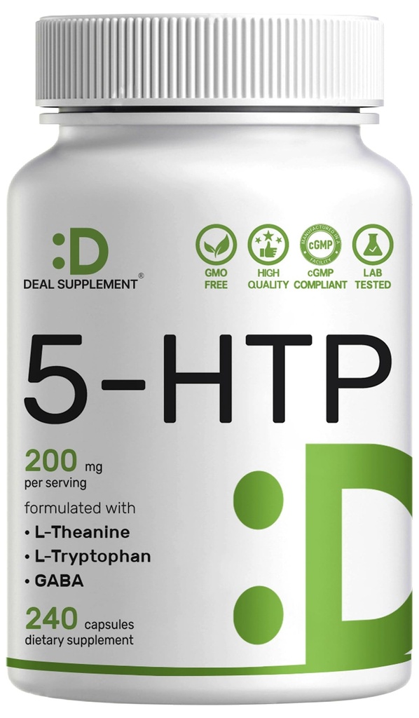 Deal Supplement 5-HTP 200mg Per Servering, 240 kapslar, 98% African Derived Griffonia Seed Extract | 4 i 1 Formel | Plus Active L Theanine, L Tryptophan, & GABA | Relaxation Support Supplement