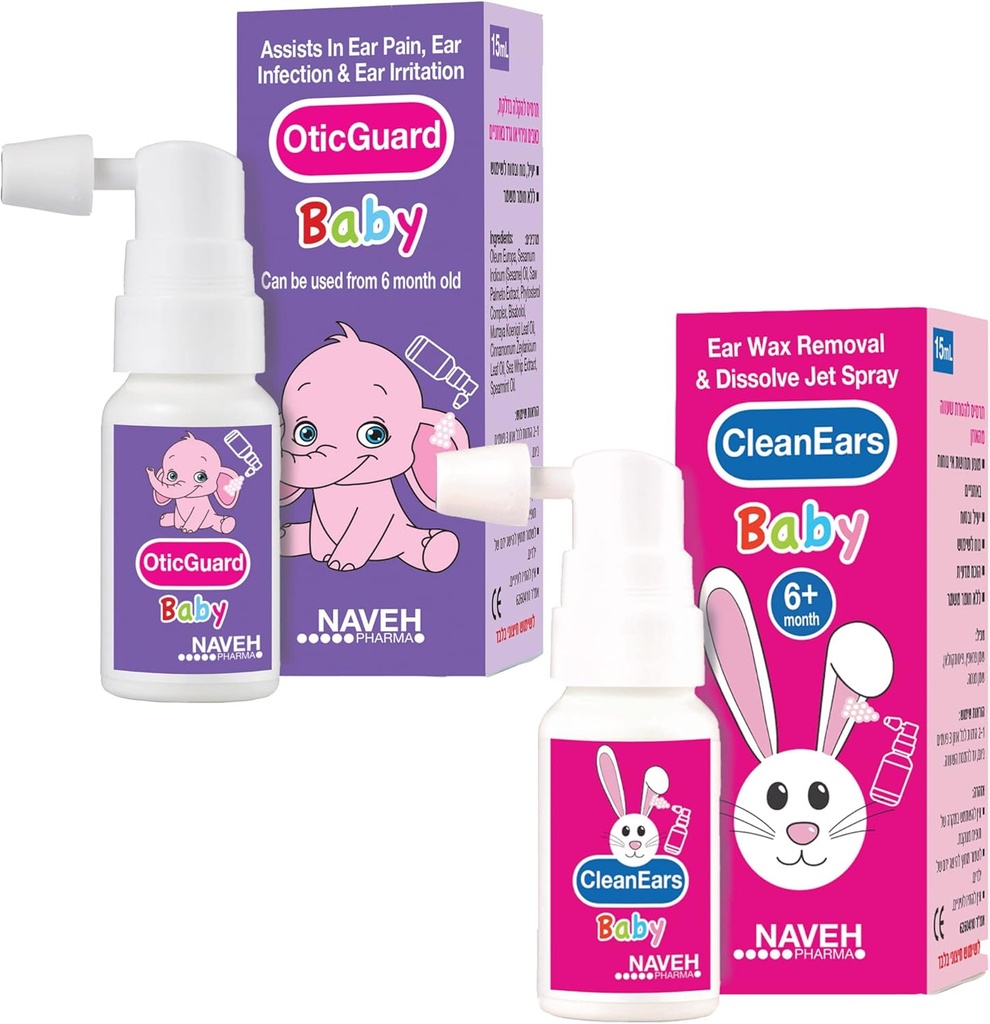 1 Unit Naveh Pharma CleanEars Baby Earwax Removal Spray 1 Fl Oz + 1 Unit of NAVEH PHARMA Otic Guard Baby Ear Infektio Spray 0,5 Fl Oz