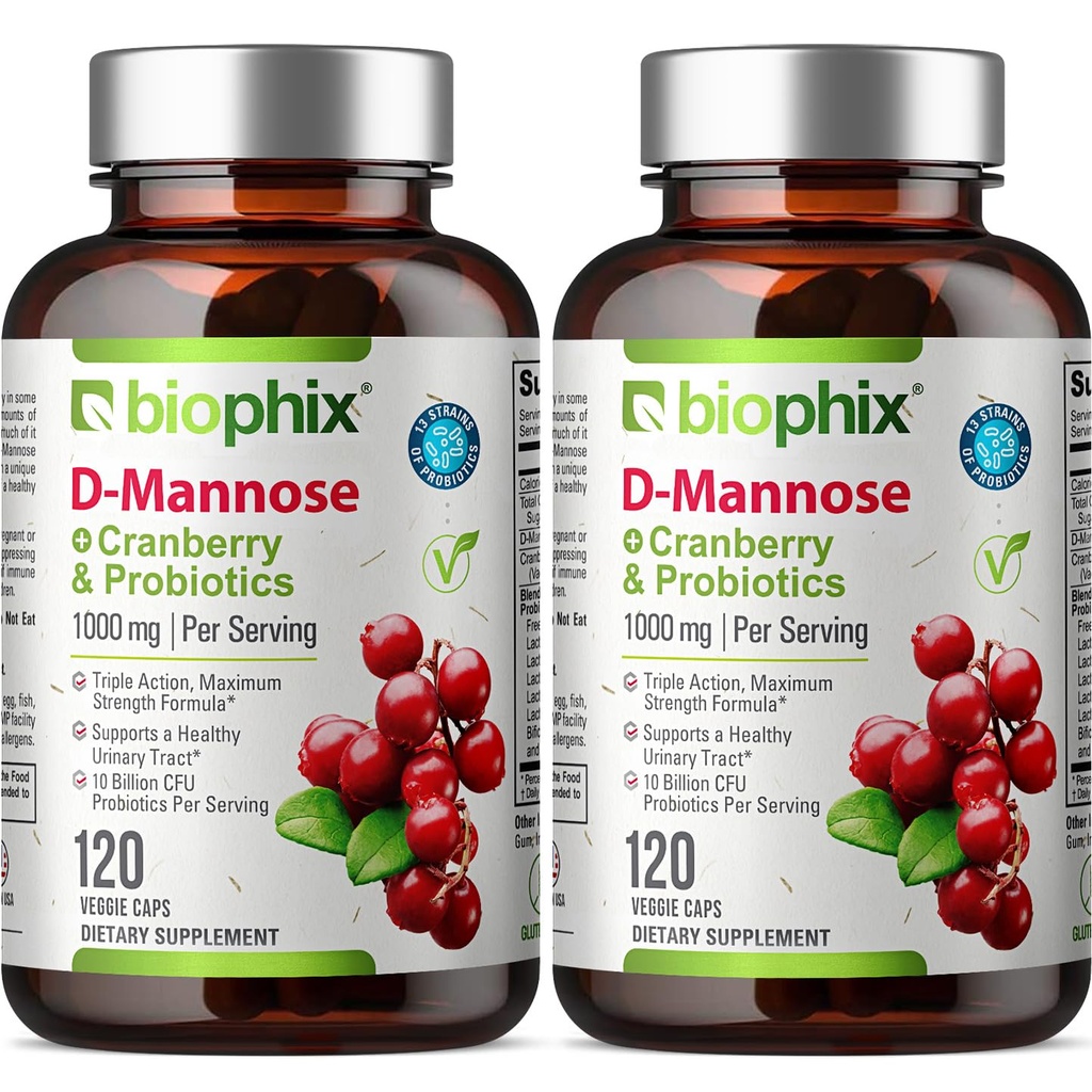 biophix D-Mannose 1000mg kapslar med Cranberry & Probiotics - D Mannose Supplements for Women - D-Mannose piller för urinvägs- och blåsans hälsostöd - Digestive Well-Being - 120 Vcaps 2 Pack