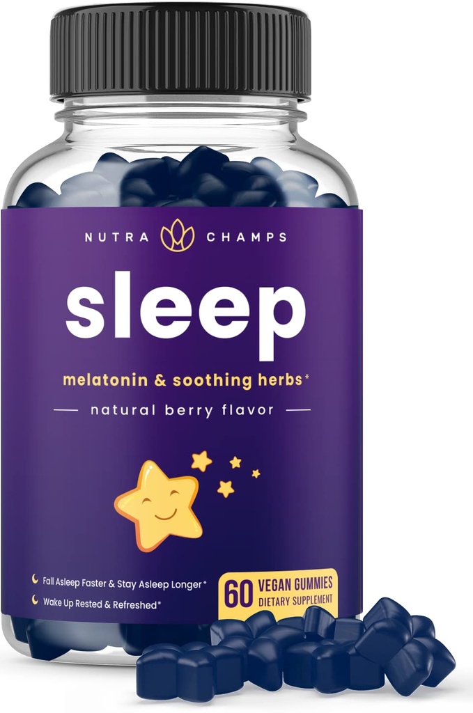 NutraChamps Sleep Gummies for Aikuinen & Lasten Melatonin Gummies with Kamomile, Valerian & L Theanine Safe & Effective for Kids & Aikuinen Vegan Childrens Melatoniini 3 mg, 1,5 mg tai 6 mg