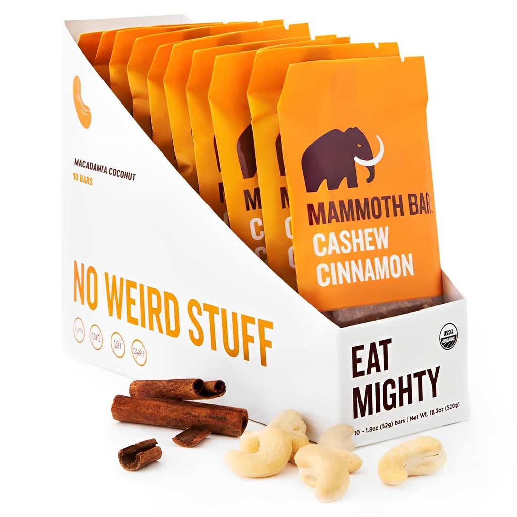 Cashew Cinnamon Bar- Organic, Paleo, Gluteeniton ja Raw by Mammoth Bar, 10-12g Protein, 1,8 Oz. Bar (10 Bar) ...