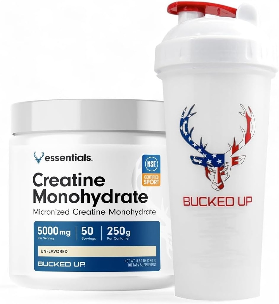 Bucked Up Creatine & Shaker Bundle – Micronized Creatine Powder (250 g, 50 portioner) + 28oz Läckt Bevis BPA-Free Shaker Bottle för Optimal Mixing