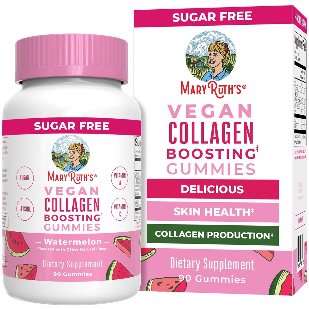 MaryRuth Organics Vegan Collagen for Women & Men, Collagen Boosting Gummies, ihonhoito, Lysiini, C-vitamiini, A-vitamiini, Amla, lisähiukset ja iho, vegaaninen, ei-GMO, gluteeniton, 90 tarjoilua
