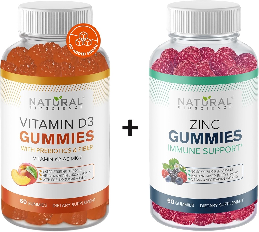 Natural BioScience Sugar Free D3 K2 Gummies 5000 IU & Sinkki Gummies 50 mg, Extra Strength, Immuno tuki, Bone Health, Heart Health, ihon tuki, 60 gummy-vitamiinia