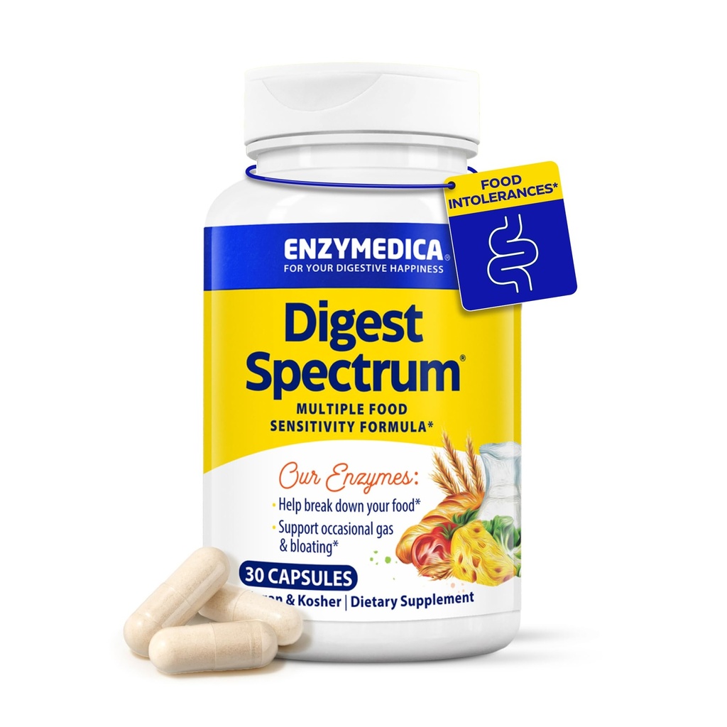 Enzymedica Digest Spectrum, Advanced Dgestive Enzymes for Women and Men, Tukee digestiota ja useita ruoka-intoleransseja, Nopea toiminta Formula kaasun ja turvotusta helpottavaa, 30 kapselia