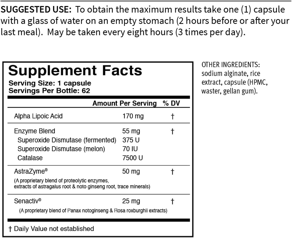 USAEnzymes YOUTHXYM 62 Viivästynyt julkaisu Kasvissyöjäkapselit, anti-oksidantti enzyme täydentää. 170 mg Alpha Lipoic Acid (ALA) + 50 mg AstraZyme lisätä proteiinin digestio.
