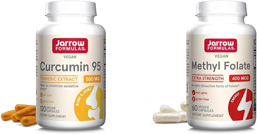 Jaarrow Formula Curcumin 95 500mg ja Metyyli Folaatti 400mcg Antioksidantti ja sydän- ja verisuonihoito Tuki Ruokavalion täydentää Bundle, 120 ja 60 kasviskapselit