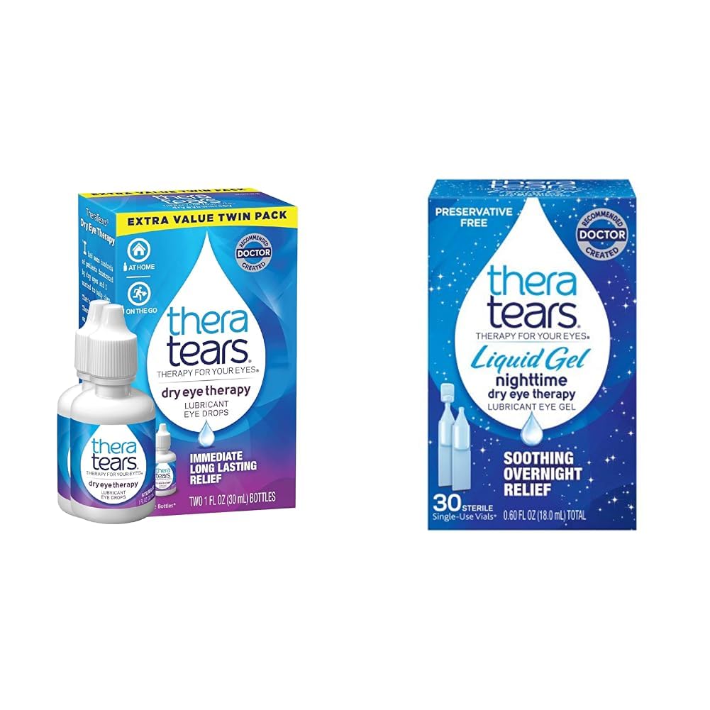 TheraTears Dry Eye Therapy Lubricating Eye Drops för torra ögon, 1 fl oz Bottle Twin Pack, (2 x 30mL Bottles) & Liquid Gel Nighttime Lubricating Eye Drops för torra ögon, Single-Use Vials, 30 Count
