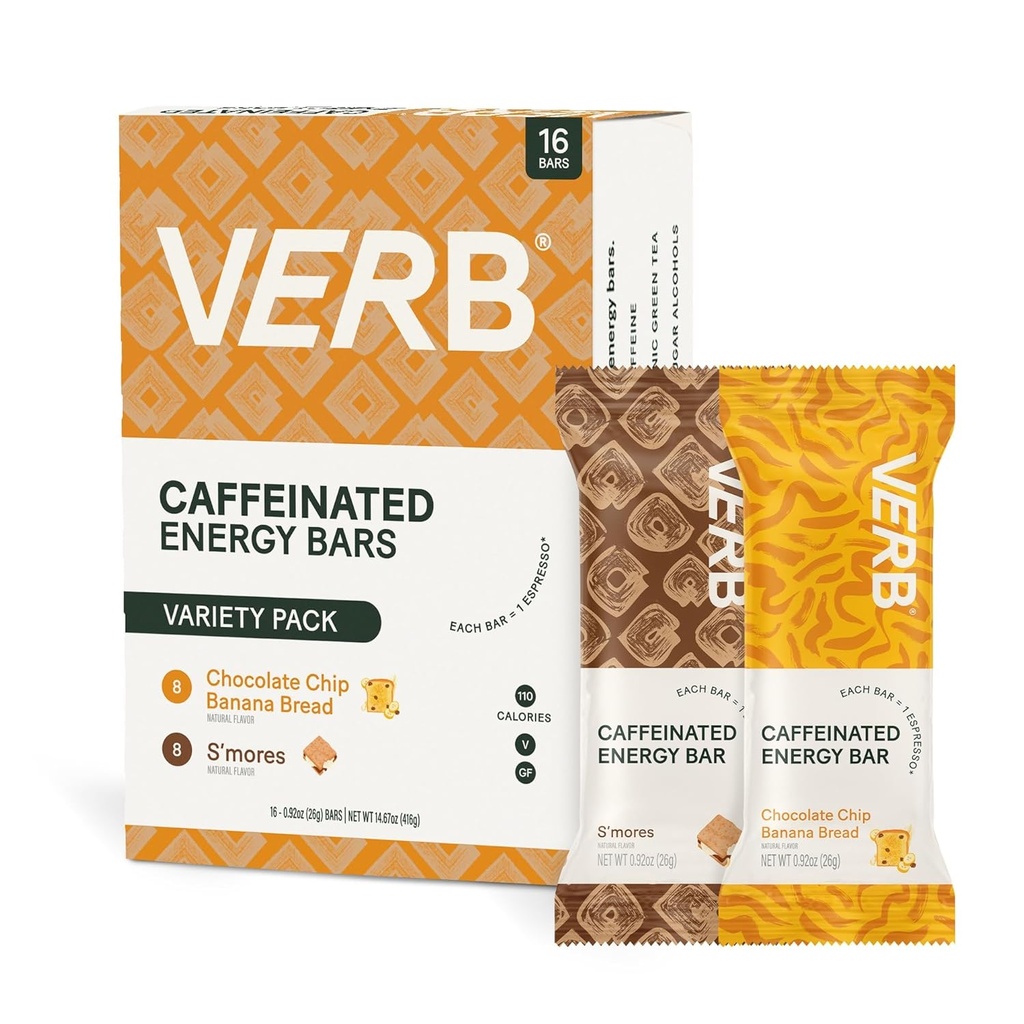 Verb Caffeinated Energy Bars Variety Pack - 2 Delicious Flavors (26g, pakkaus 16) 110-Calorie Delicious Low Sugar Energy Bar, Vegan & Gluteeniton On-the Go Välipala 80mg Vihreä tee kofeiini