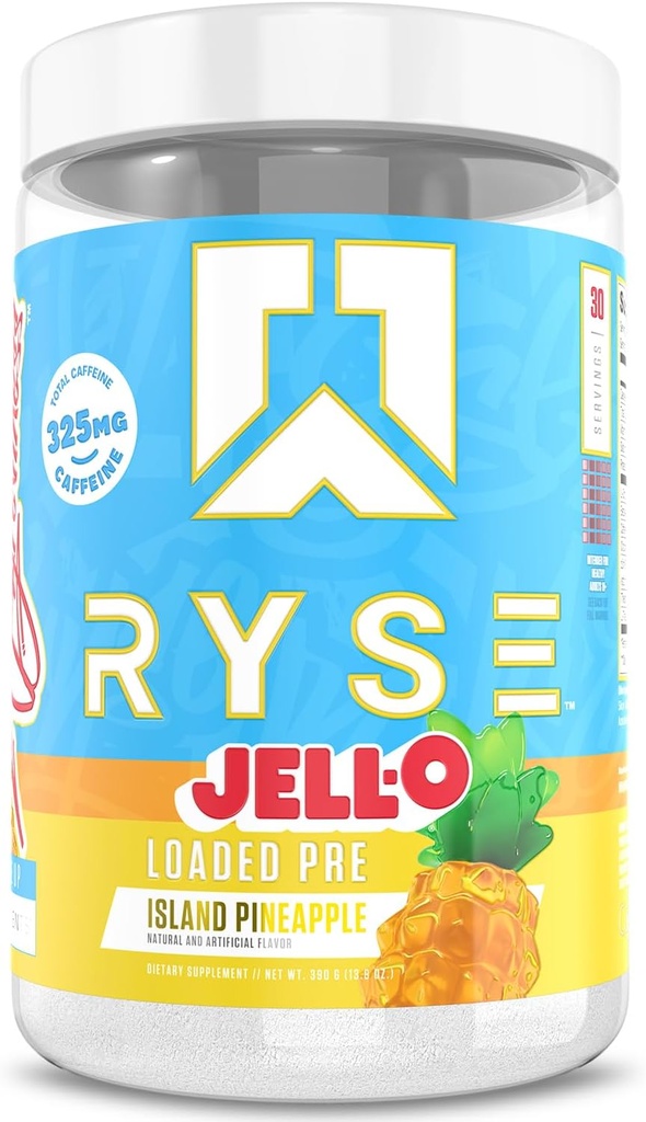 RYSE Ladattu Pre Treenout Powder - Jell-O Island Ananas - Daily Pre-Workout miehille & naisille 325mg kofeiini, Beta Alanine, ja Citulline Pump, Focus, ja energia - 30 Servings