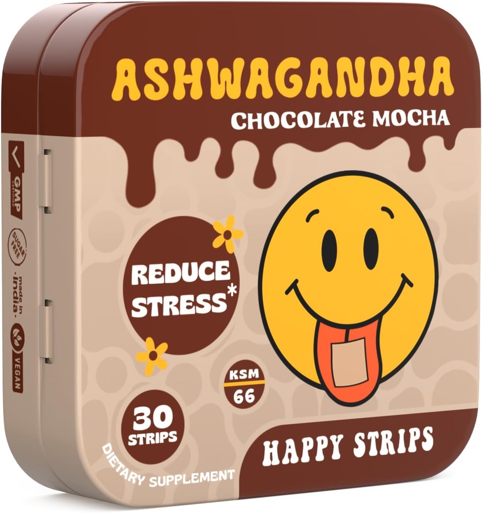 Happy Strips Organic Ashwagandha KSM 66 & GABA för stressavlastning, lugn, sömn - Fast-Acting & Rapid-Dissolving, Chocolate Mocha smaksatt, organisk, Vegan, sockerfri - 30 greve
