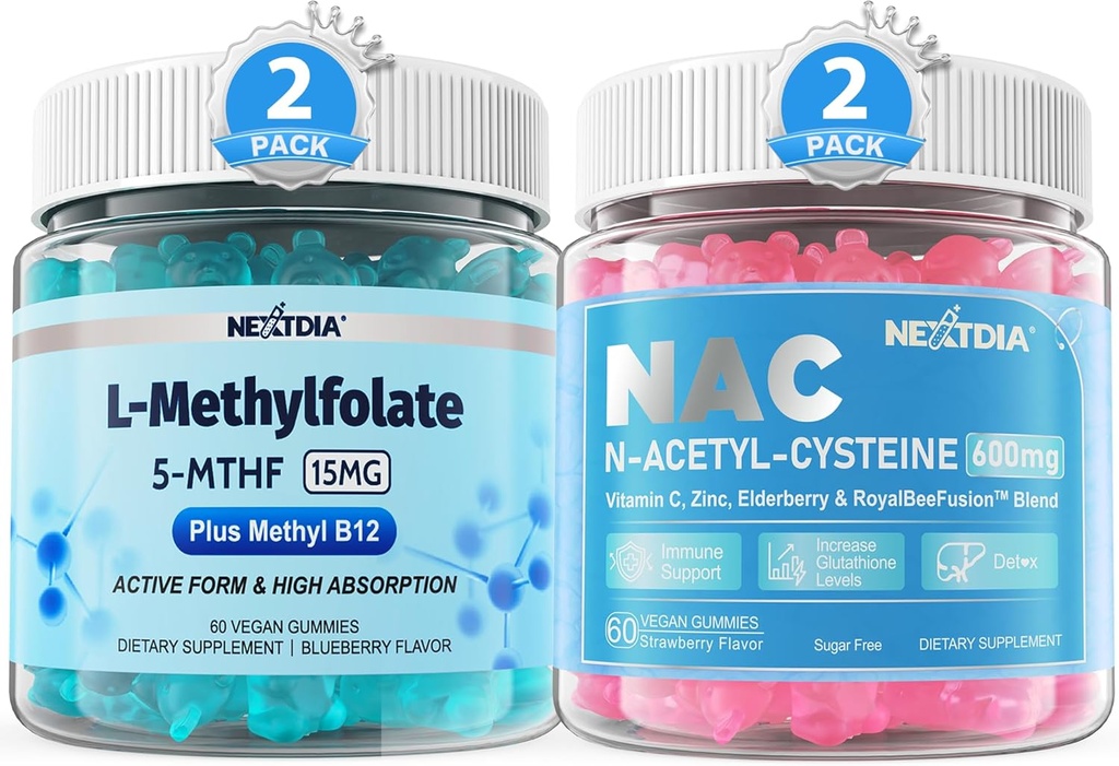 L-MetyyliFolaatti 15 mg & Metyyli B12 Gummies + NAC Gummies, 600 mg N-asetyylikysteiinin täydennysosa