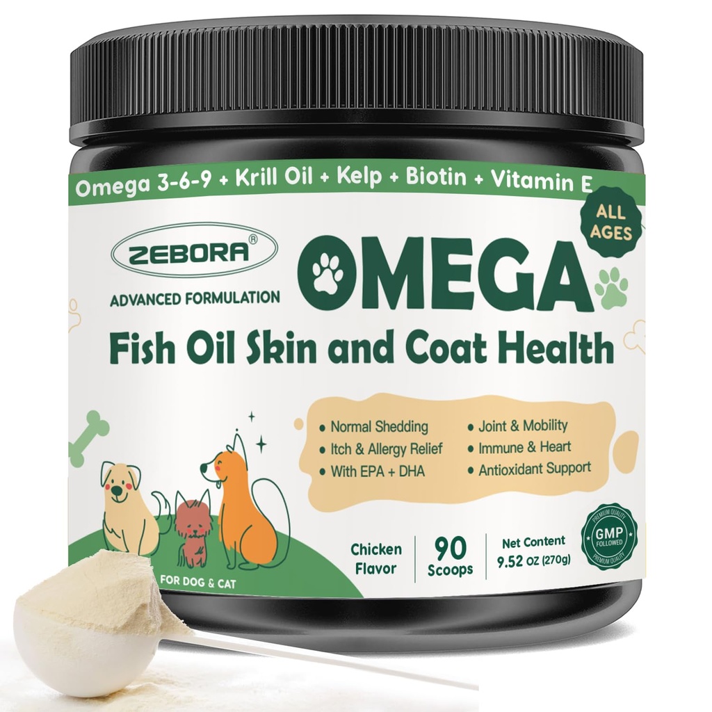 ZEBORA Omega 3 Fish Oil for Dogs, Wild Caught Dog Fish Oil, EPA & DHA, Krill Oil, Kelp, ihon ja turkin lisäravinteet, kutinan ja kuivuuden torjunta, tuki kuiva iho, Joint Health, Dog Allergia Relief