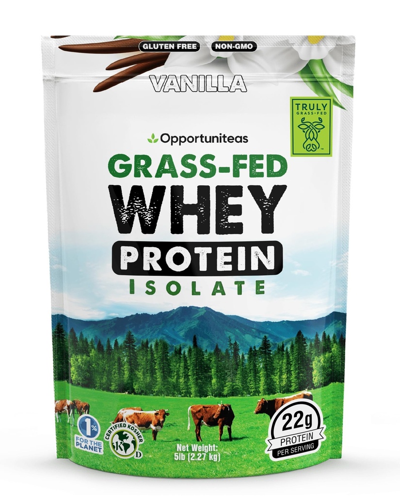 Opportuniteas Grass Fed Vanilla Whey Protein Isolate Powder - 22g Protein Powder ilman keinotekoisia makeutusaineita, Hormonittomia lehmiä, ei GMO - 5lb