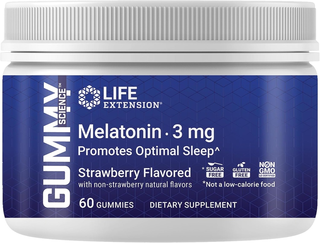 Life Extension Gummy ScienceTM Melatoniini (Strawberry), 3 mg, Optimal Sleep Support, Terve circadian Rhythm, Solun puolustus, Gluteeniton, ei-GMO, kasvissyöjä, 60 Gummy