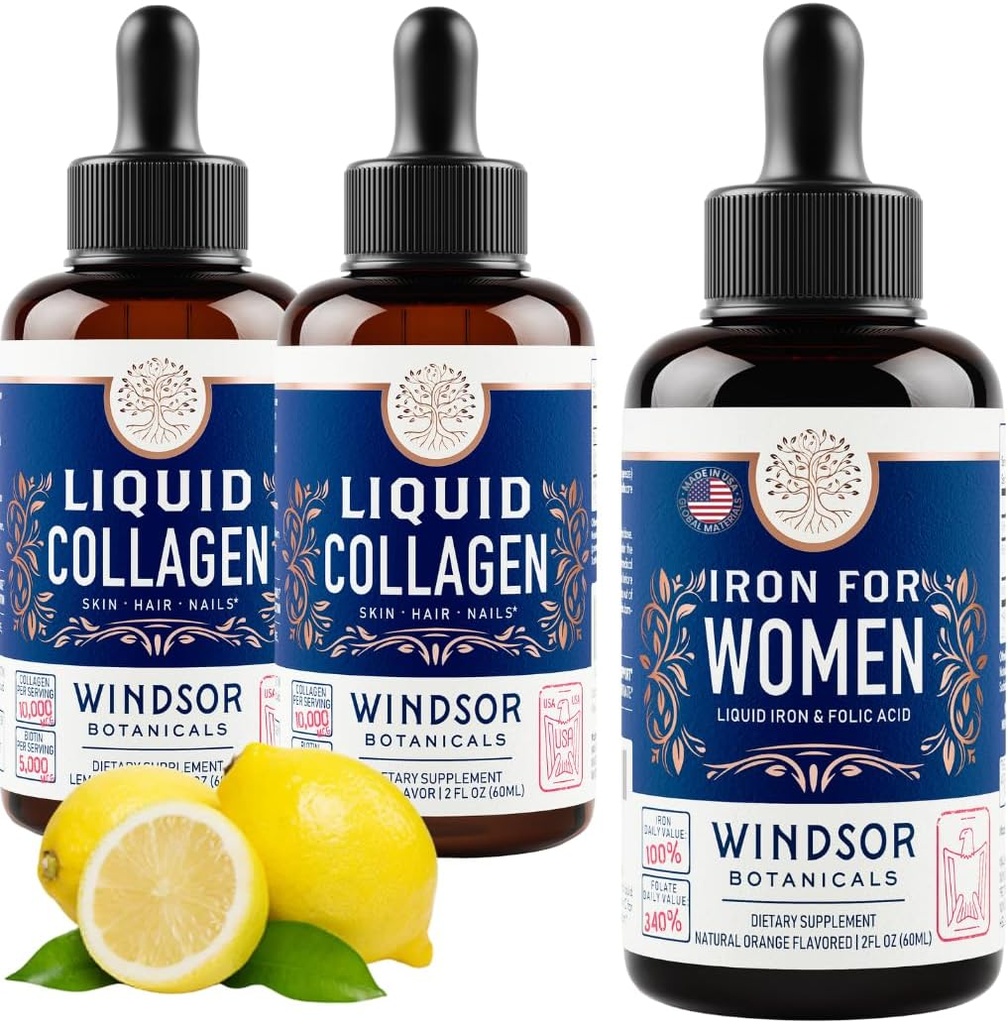 WINDSOR BOTANICALS Liquid Collagen 2-pakkaus ja nestemäinen rauta naisille Kauneus ja hyvinvointi Bundle