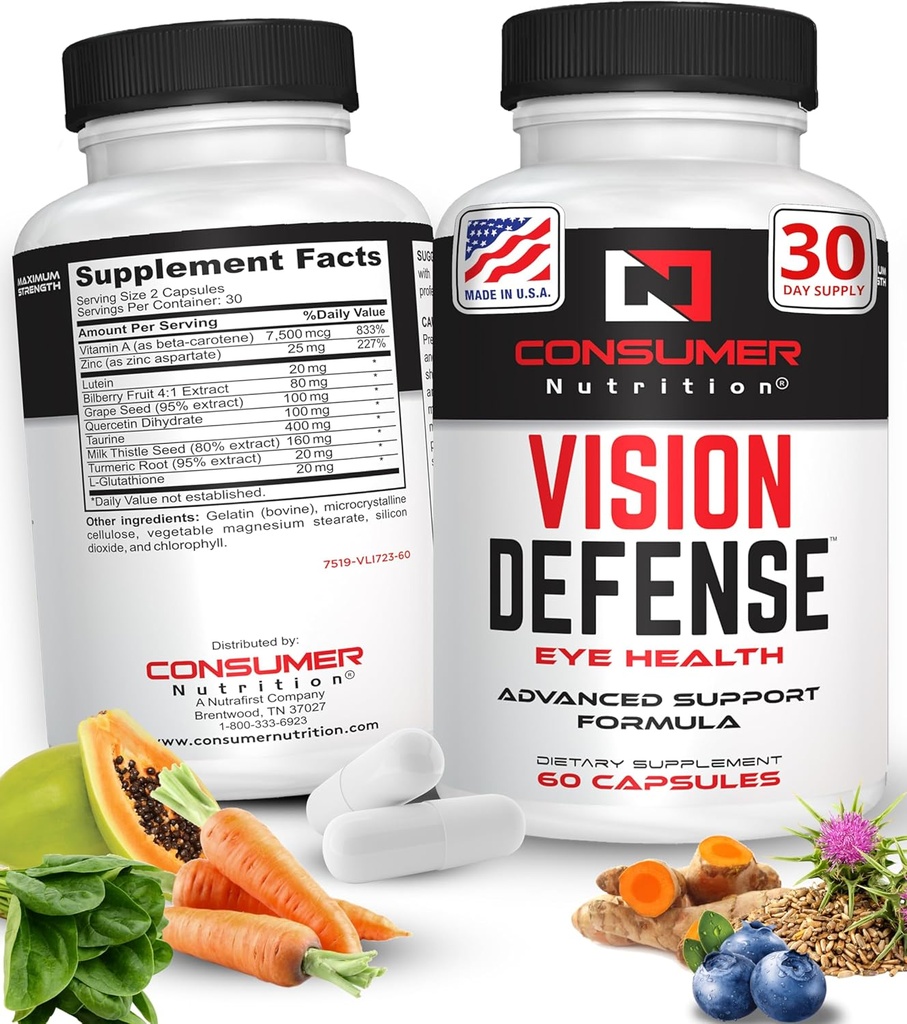 Eye Health lisäravinteet aikuisille - Tukee & suojaa silmän terveyttä A-vitamiini, luteiini, tauriini, kurkuma juuri, viinirypäleen siemenen uute & Milk Thistle Seed - Näkö puolustus 60 Ct